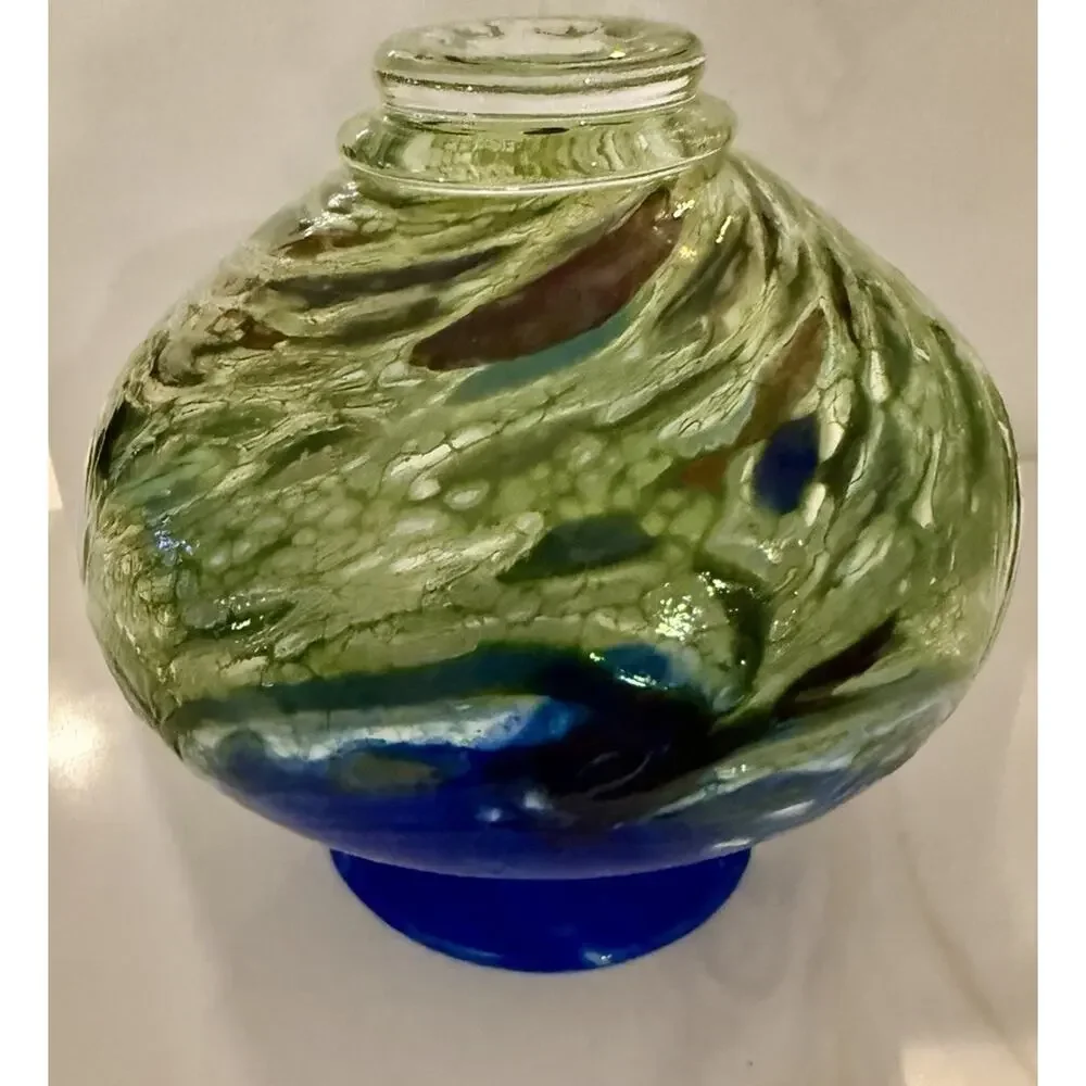 Signed Art Glass Bud Vase Cobalt Blue Greens Art Glass Vase 5x4 Inches